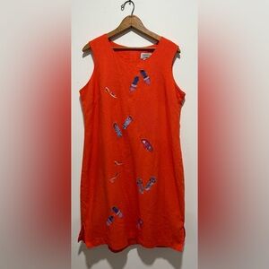 Orange sleeveless women’s size 16 dress with embroidered sandals